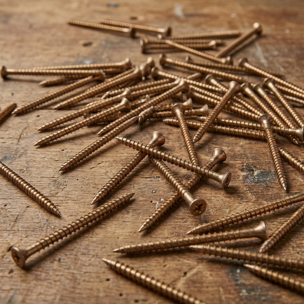 100 vis pour cimaise Click rail éparpillées sur une table en bois