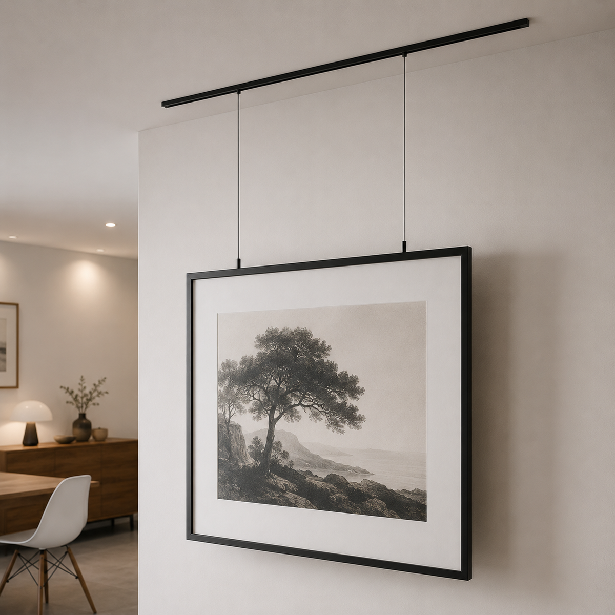 Rail Art Strip Noir accroché au plafond qui suspend un tableau