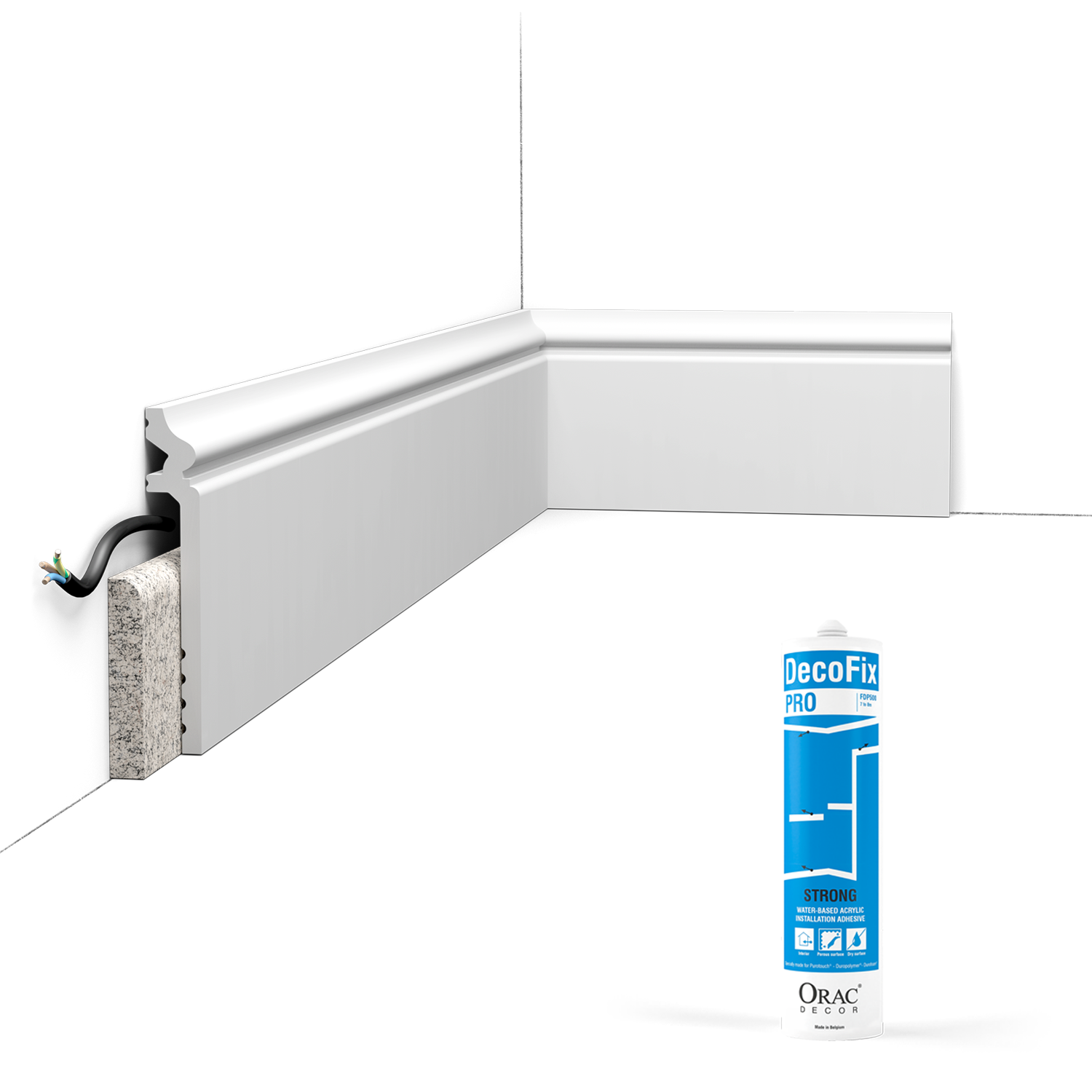 Pack of 10 meters of SX186 renovation skirting board with glue - Orac x Picture rails and more