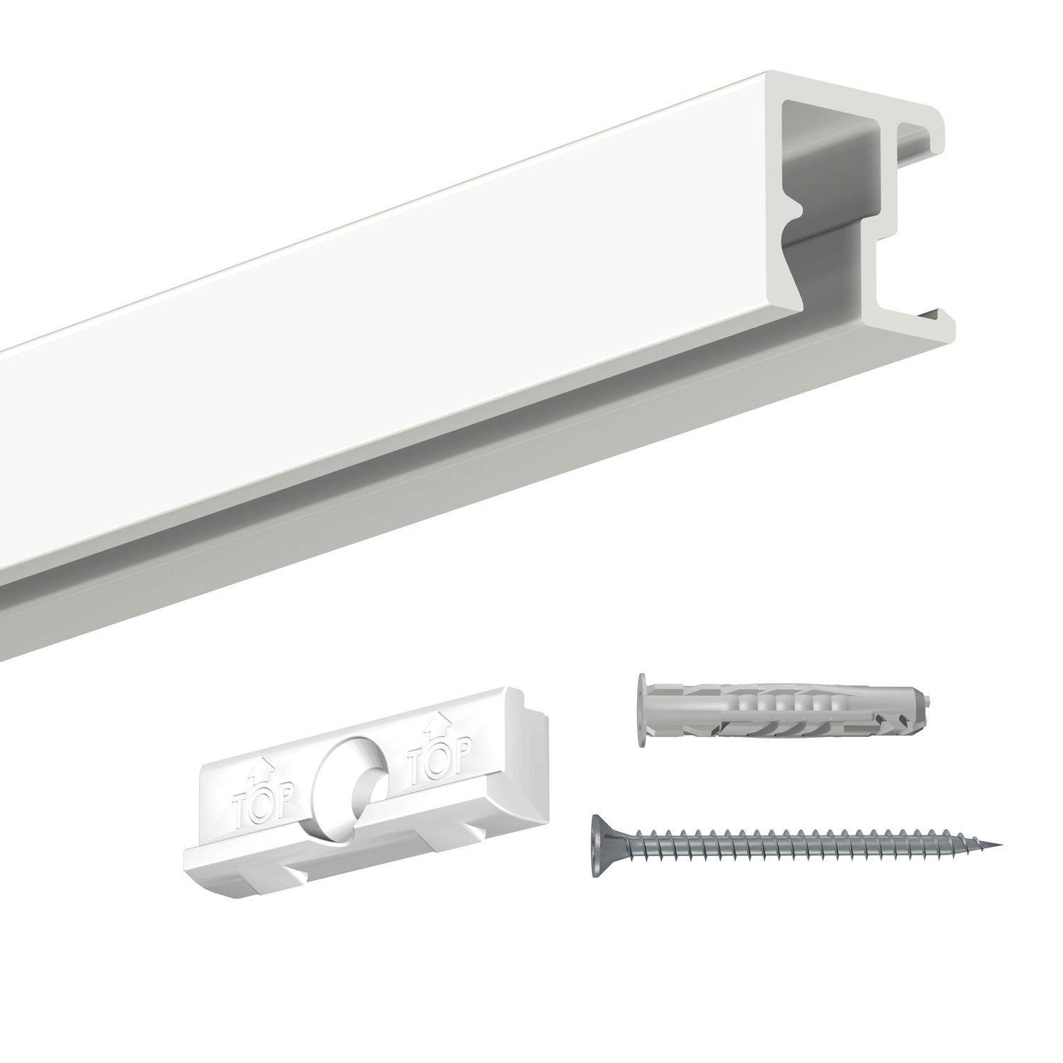 Riel de contorno blanco para cuadros de 200 cm para atornillar + clips de fijación + tornillos y tacos