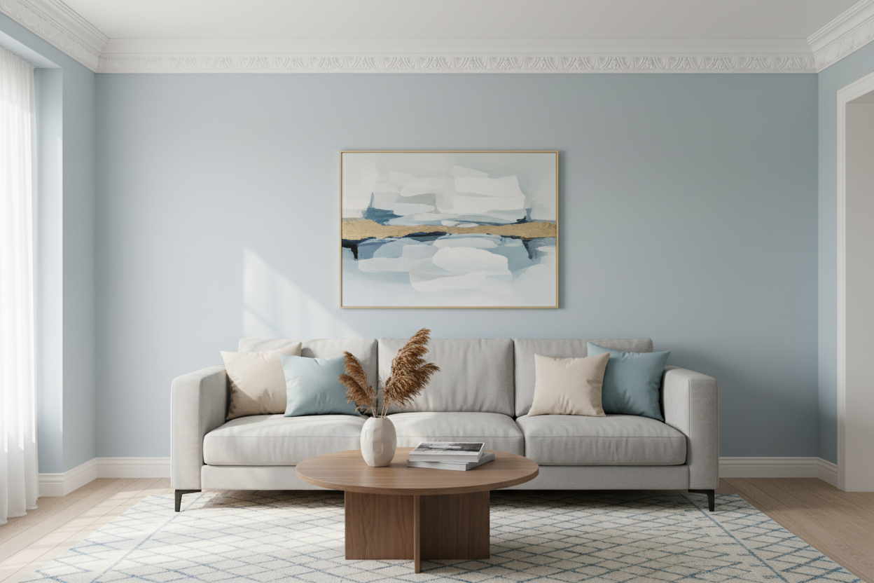 Corniche C251 en situation - salon murs bleus clairs