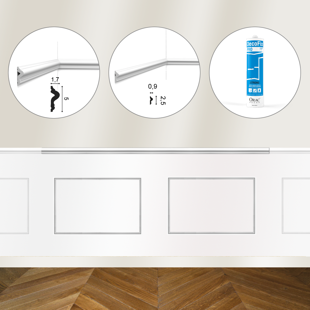 Kit DIY Encadrement - Cimaise 200 cm PX175 + 2 cadres PX201 + colle - Soubassement Orac