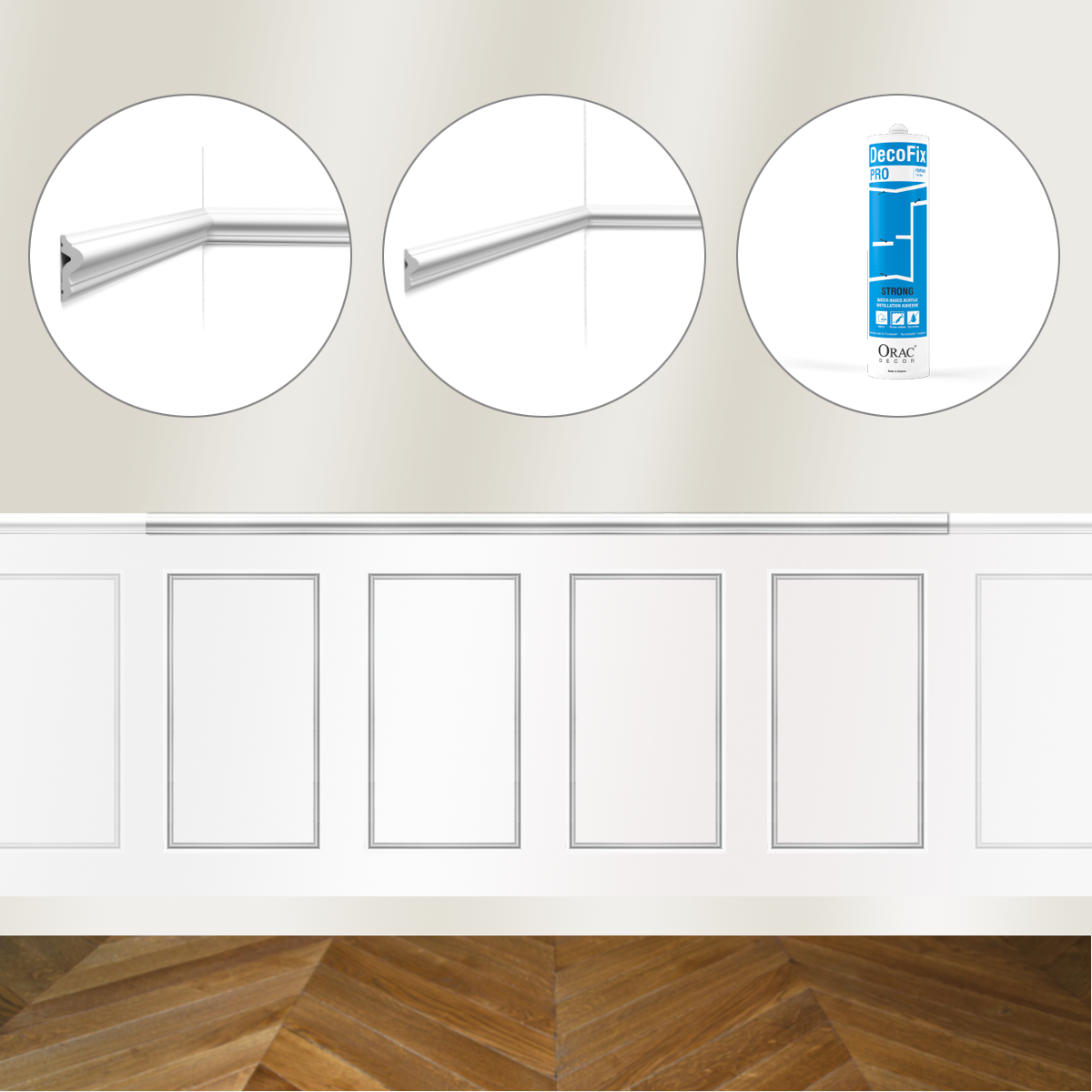 Kit DIY Encadrement - Cimaise 200 cm PX175 + 4 cadres PX201 + colle - Soubassement Orac