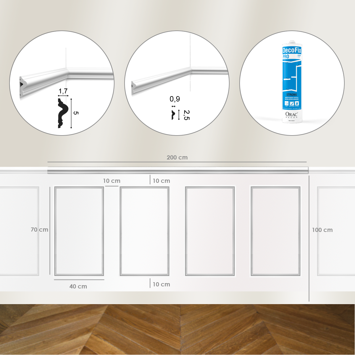 Kit DIY Encadrement - Cimaise 200 cm PX175 + 4 cadres PX201 + colle - Soubassement Orac