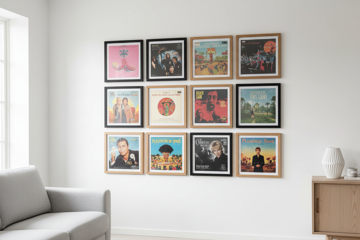 Mur de galerie avec cadres vinyle carrés uniformes