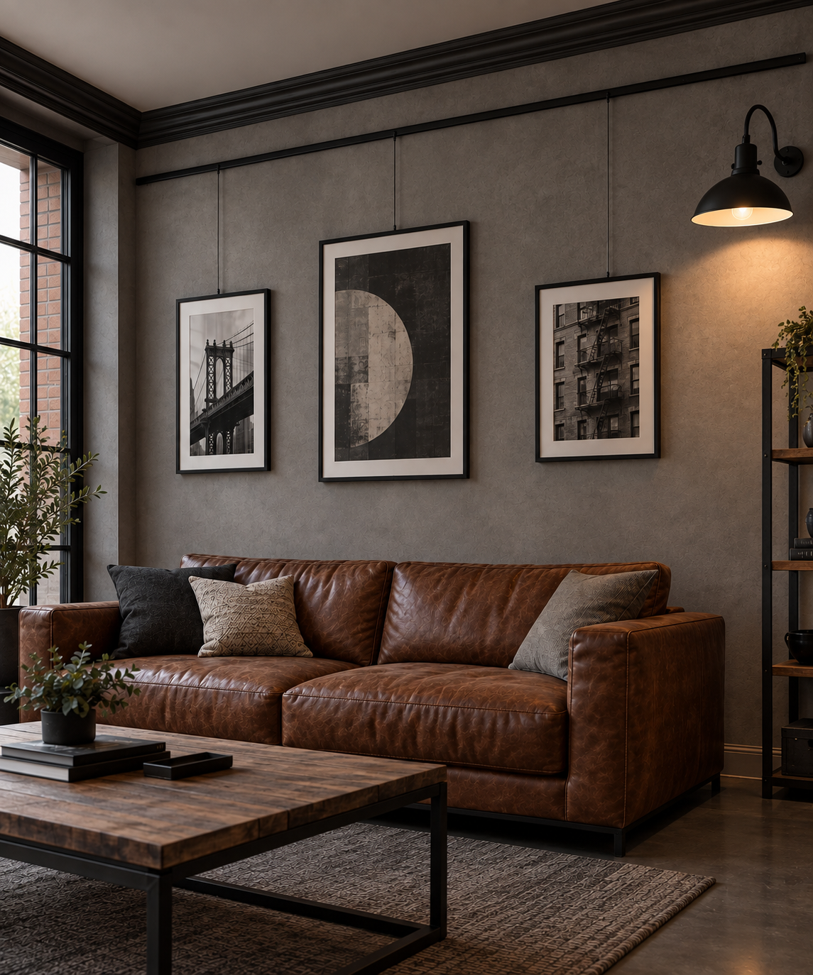 interieur au style industriel avec une cimaise noire des câbles noirs et en acier et des cadres photo noirs