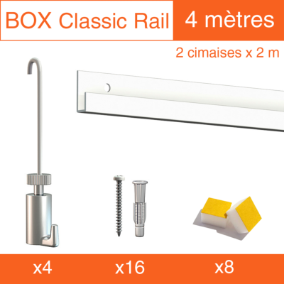 Cimaise Box Artiteq Classic PREMIUM Blanc laqué + tiges - 4 mètres - Kit accrochage tableau

