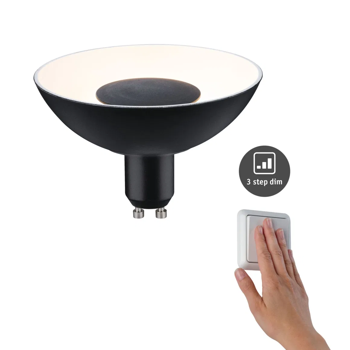 Reflector LED GU10 de 4,9 W, negro mate, blanco cálido, regulable en 3 pasos