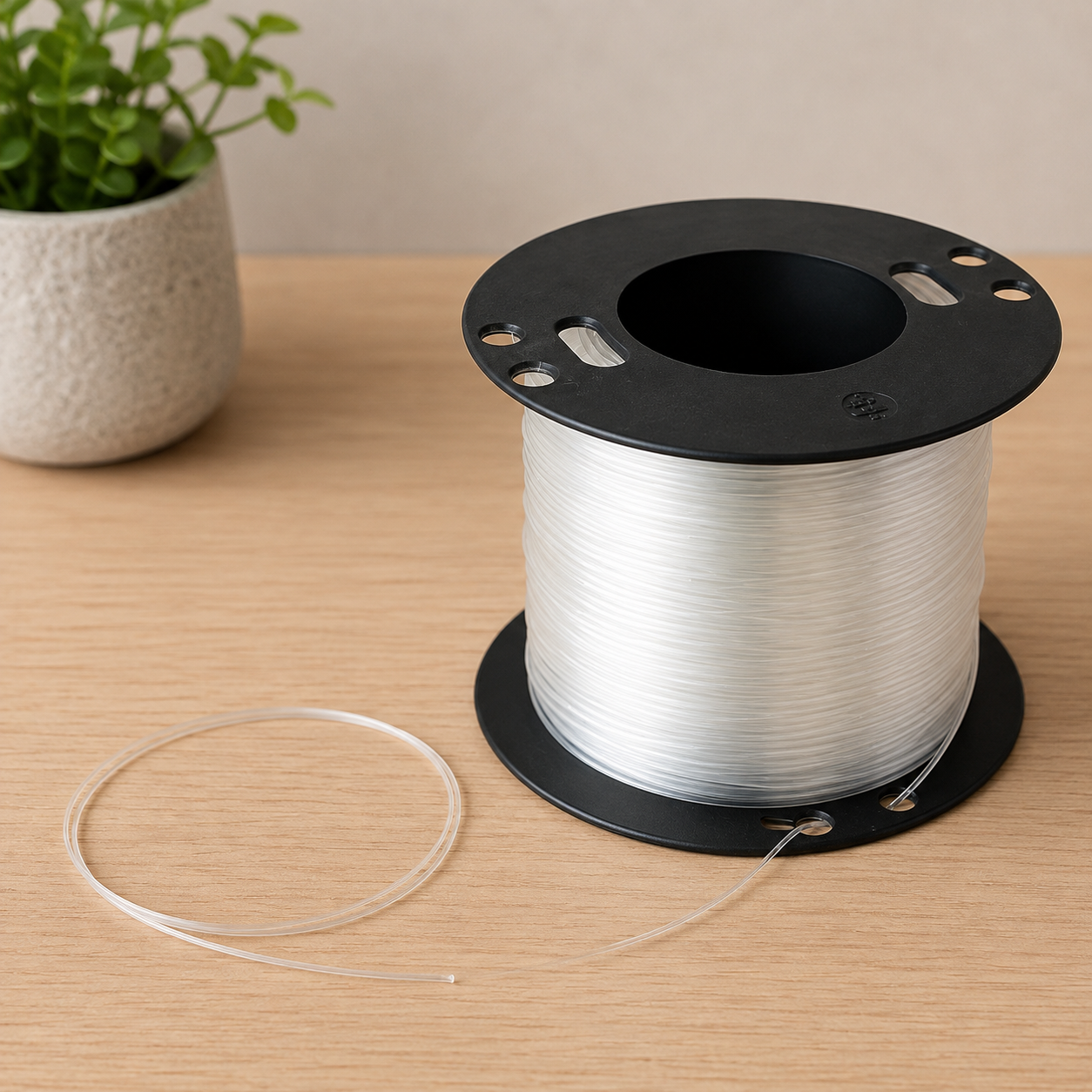 Bobine de fil perlon avec une longueur de câble déroulée sur une surface en bois