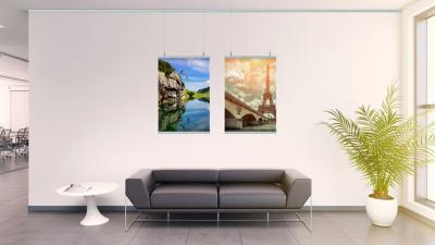Kit accrochage mural Porte affiche Poster-Snap + click rail (clips + visserie) + fils et crochets