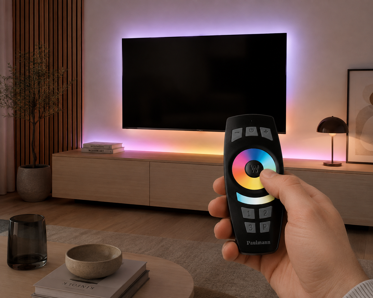 une personne est en train d'allumer ses lumières led en appuyant sur la télécommande