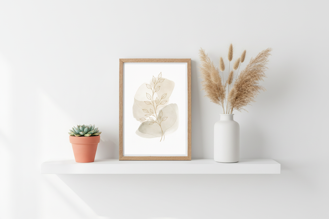 Cadre avec illustration botanique sur étagère