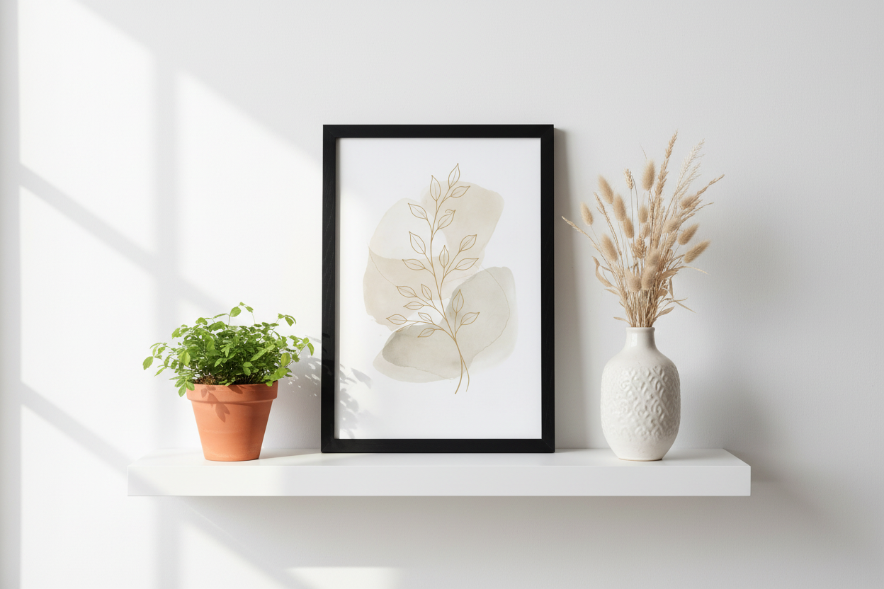 Cadre noir sur étagère avec décoration