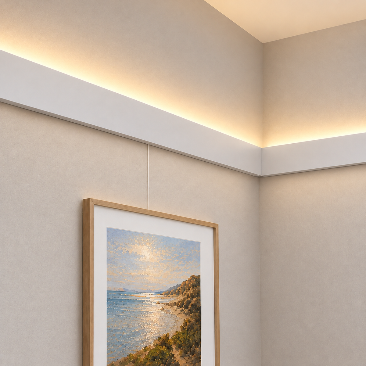 Riel para cuadros con iluminación indirecta R35 Blanco Crudo para pintar + Difusor 200cm - Cuadro recién colgado