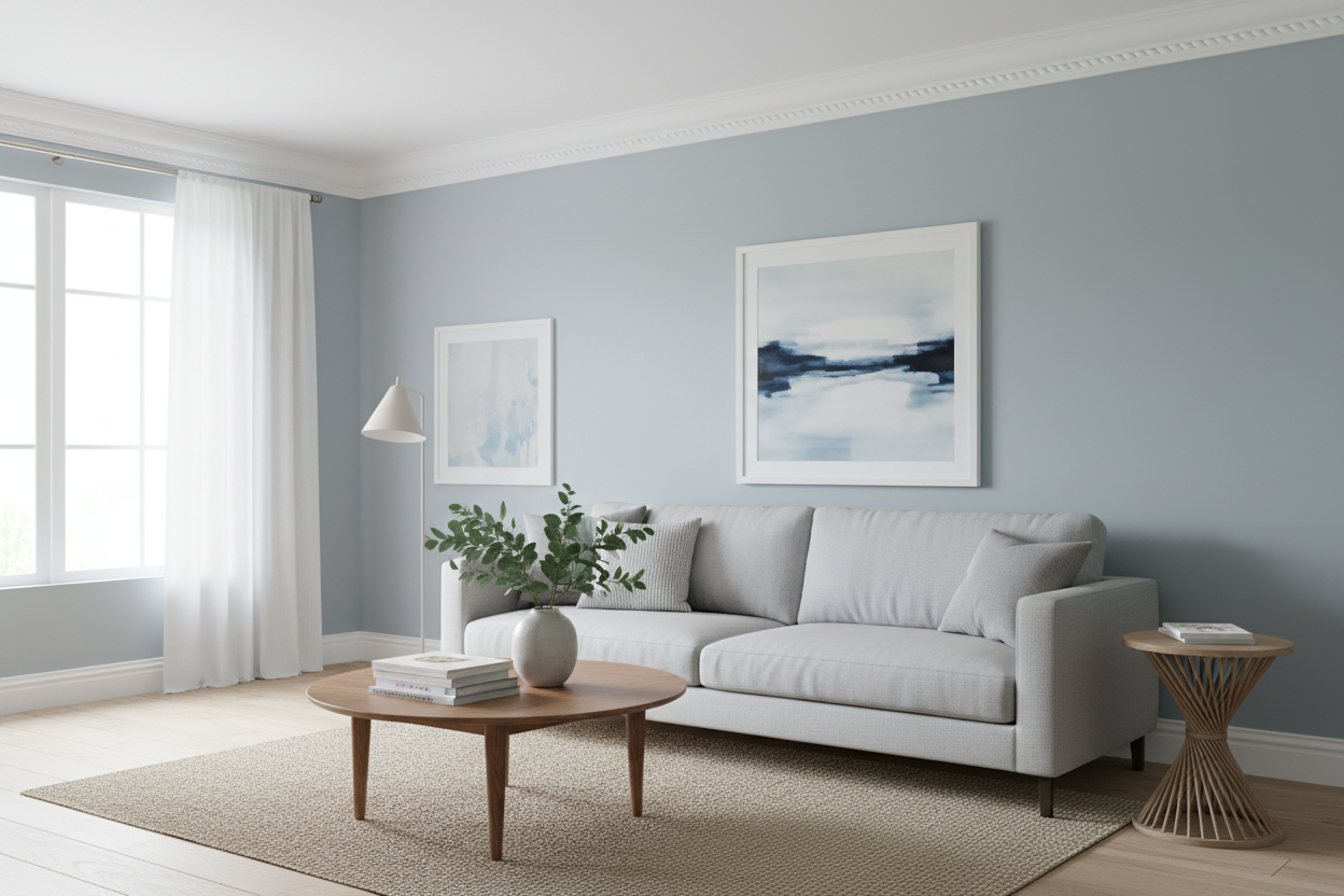 Corniche C208 en situation - salon murs bleus clairs