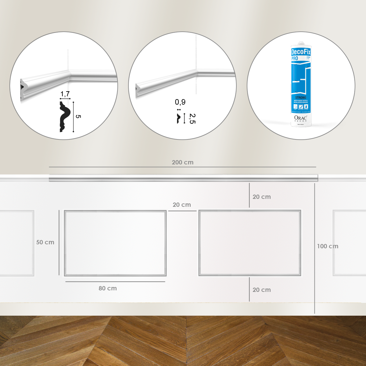 Kit DIY Encadrement Cimaise PX175 + 2 cadres PX201 + colle - Soubassement Orac