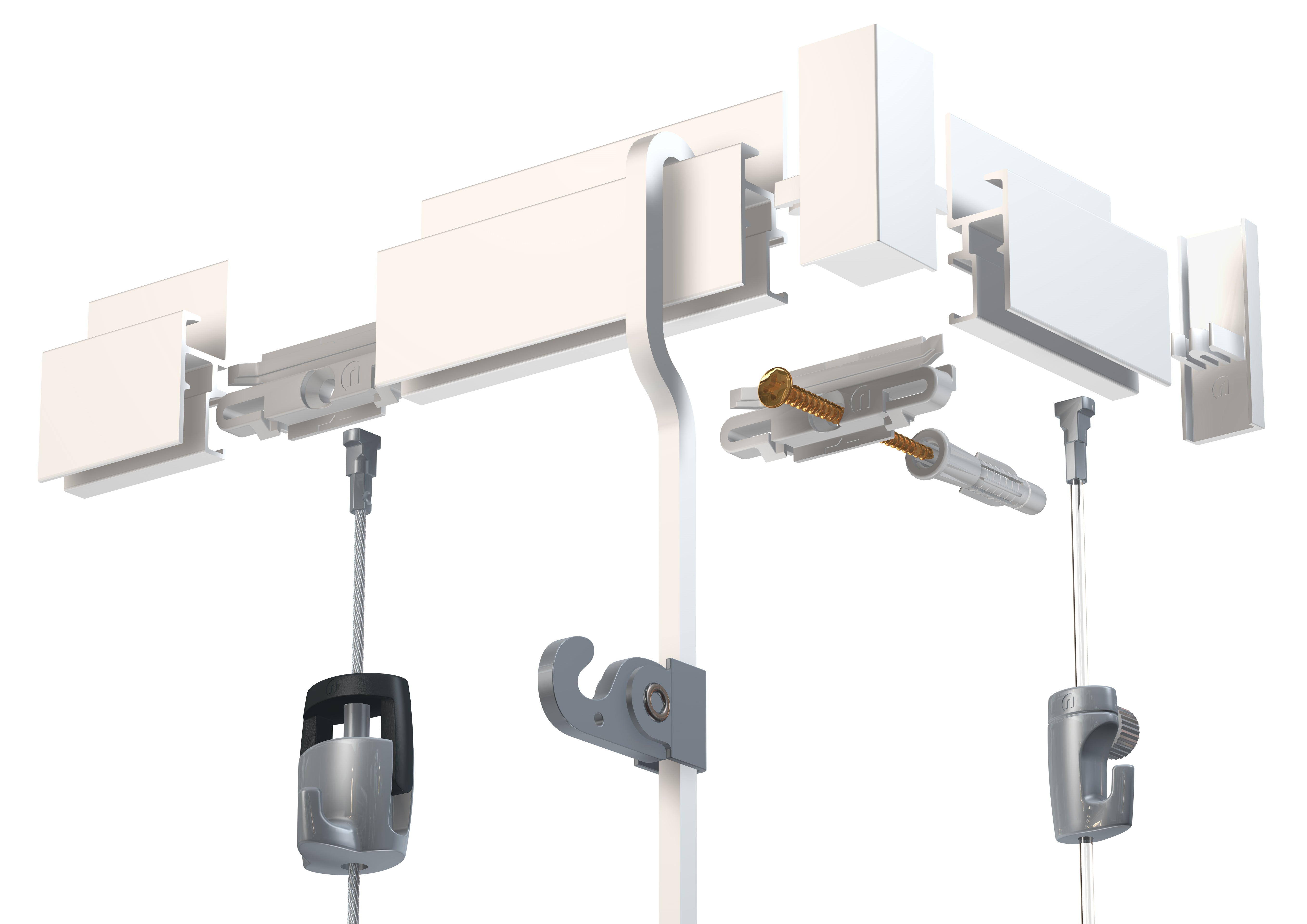 Gallery-Click Rail R30 White 200cm + clips + screws &amp; dowels Multi-material - Picture Rail Newly