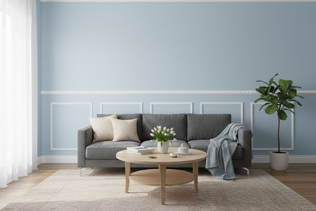Moulure M312 en situation - salon murs bleus clairs