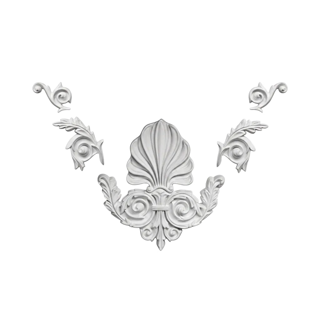 Composition ornementale florale en relief sur fond blanc